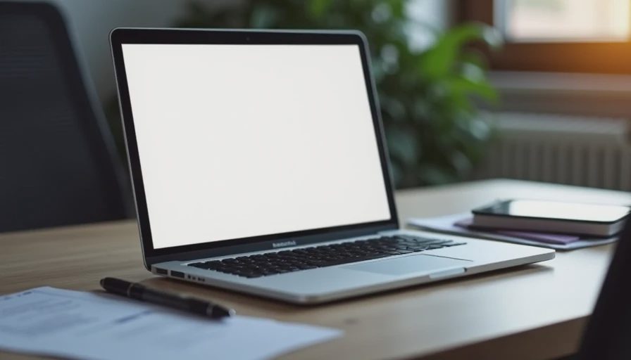 A documentary-style photo of a modern office desk with an open laptop, scattered papers, and a pen under soft indoor lighting.