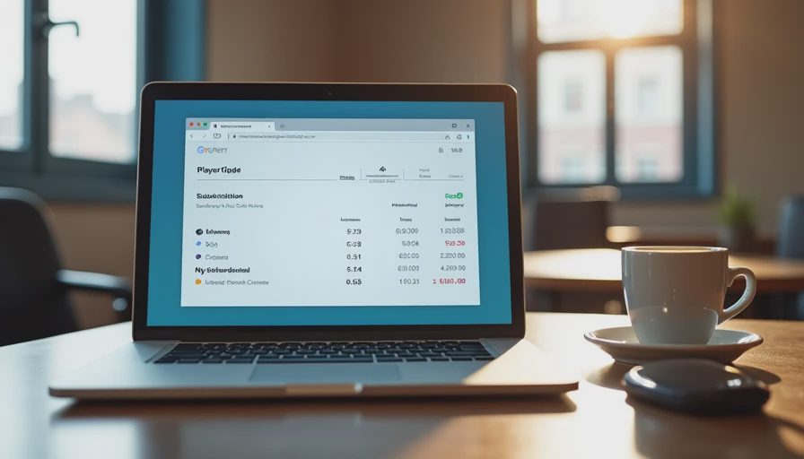 A documentary-style photo of a laptop showing a software subscription bill on a desk with a coffee cup and a smartphone.