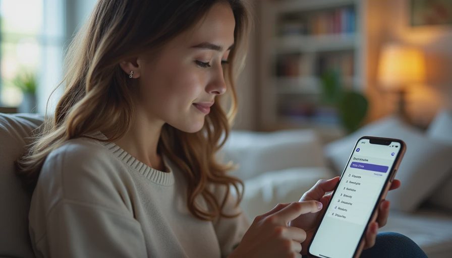 A documentary-style shot of a young person relaxed in a cozy room, looking at a travel plan on a smartphone.