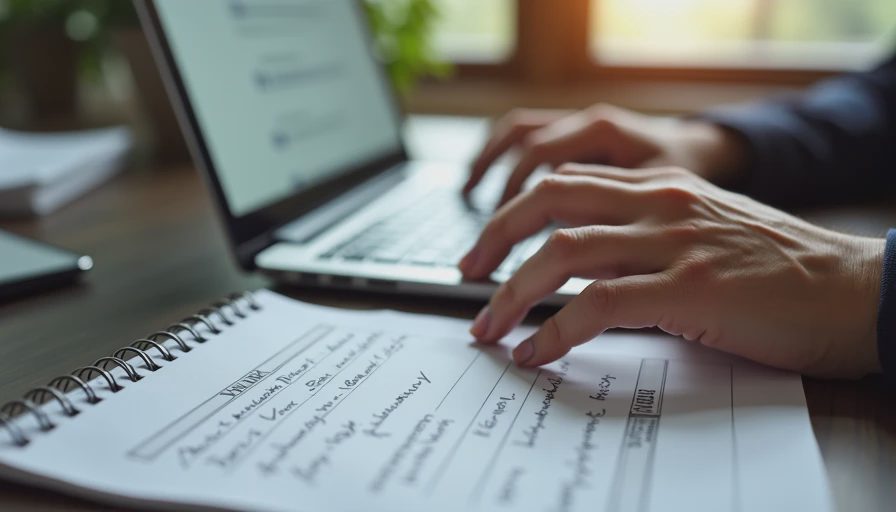 A close-up documentary photo of hands typing on a laptop with a handwritten notebook beside it.
