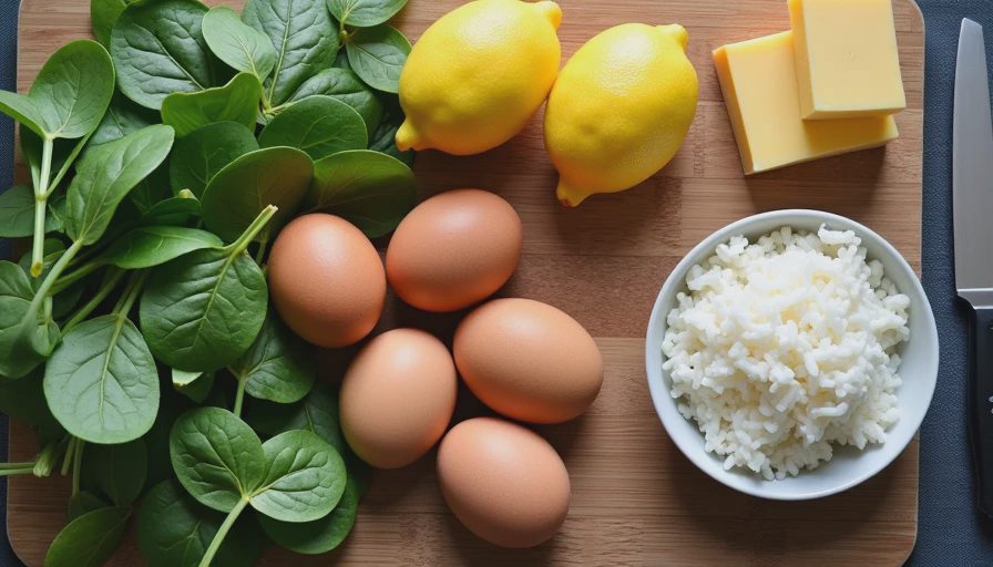 A documentary-style top-down view of a kitchen cutting board with spinach, eggs, lemon, feta cheese, and cold rice.