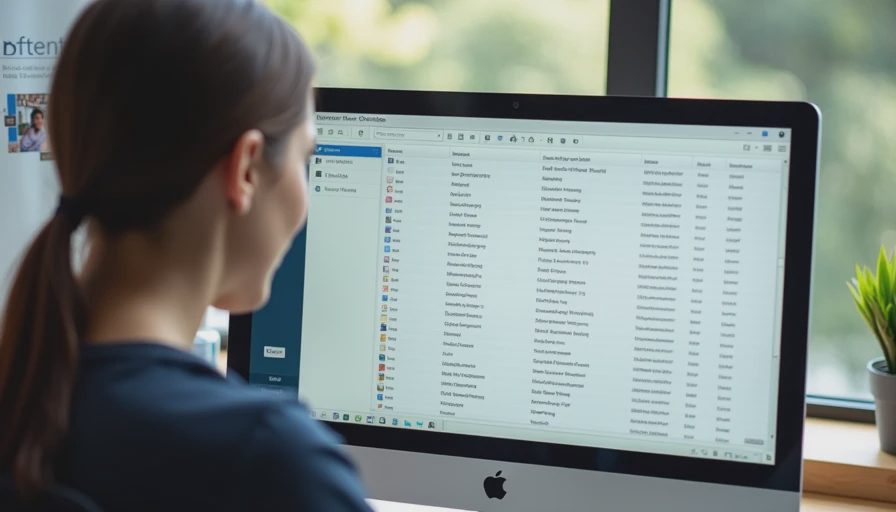 A documentary-style shot of an office worker looking at a clean, structured document generated on a computer screen.