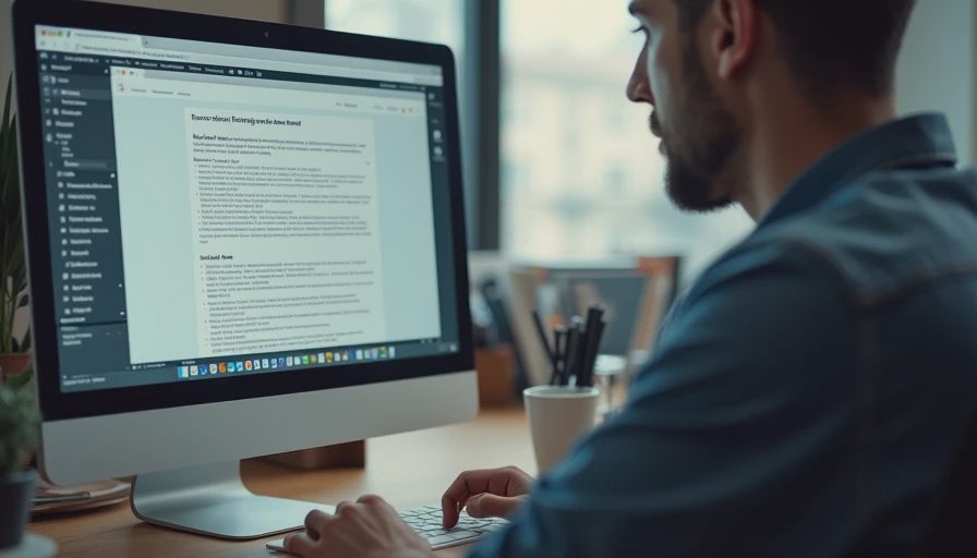 A documentary-style shot of an office worker focused on structured text prompts displayed on a computer screen.