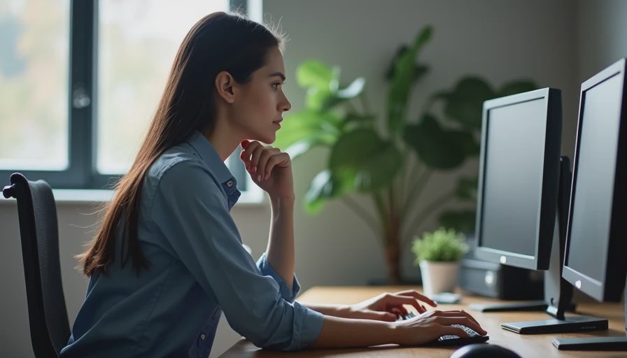 A documentary-style shot of a person sitting at a computer, deep in thought with hands hovering over the keyboard.