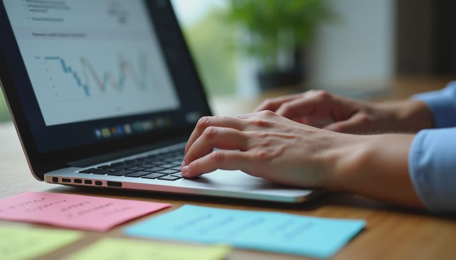 A close-up documentary shot of hands typing on a laptop with handwritten sticky notes on a desk.