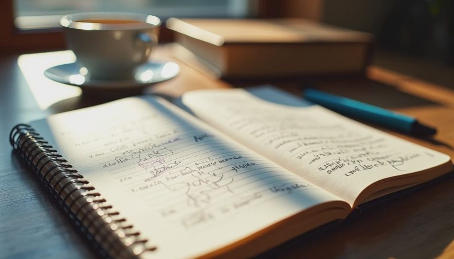 A documentary-style photo of a handwritten study plan notebook on a desk with a pen and a cup of tea.