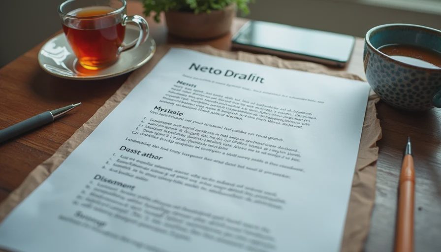 A documentary shot of a printed document draft on a desk with a pen and a cup of tea.