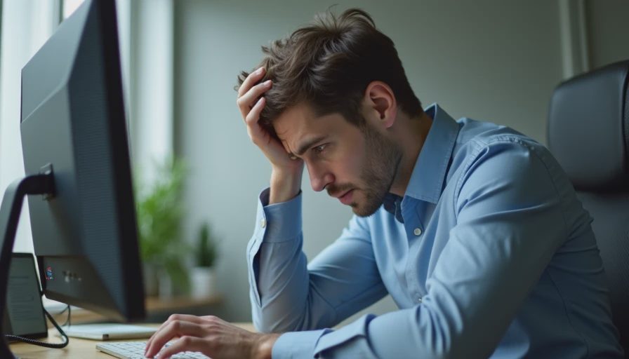 A documentary-style close-up of a person sitting in front of a computer, looking tired and confused in an office.