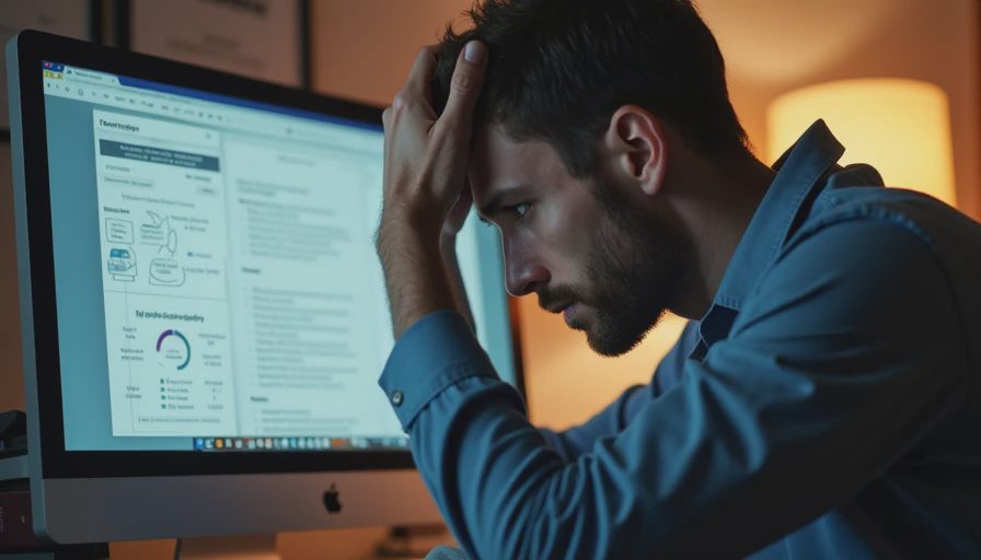 A documentary-style shot of a person sitting in front of a computer, looking tired and confused while reviewing meeting notes.