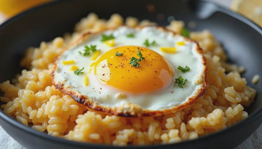 A documentary-style close-up of a pan with crispy lemon-feta rice and fried eggs, ready to serve.