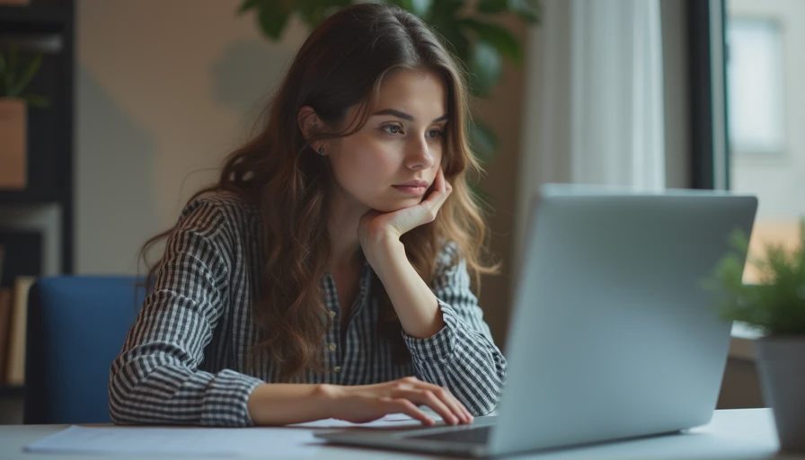 A documentary-style close-up of a person sitting at a desk, thoughtfully looking at a computer screen with one hand on their chin.