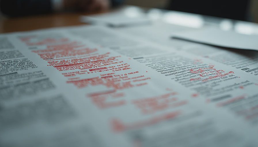 A documentary shot of printed AI text drafts covered with heavy red pen handwritten edits.
