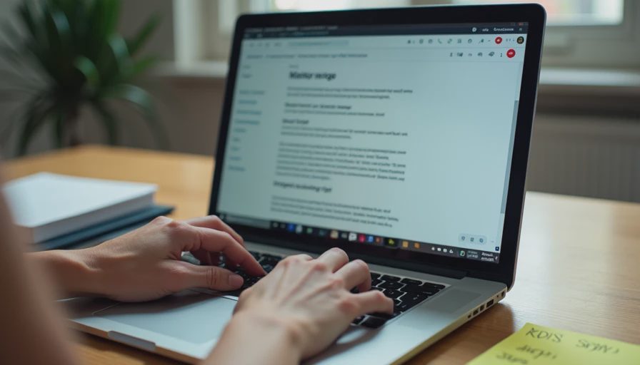 A documentary close-up shot of hands typing on a laptop with a structured text outline on the screen.