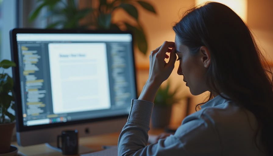 A documentary-style close-up of a person sitting at a desk, thoughtfully reviewing a text draft on a computer screen.