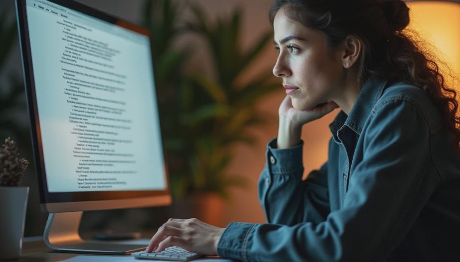 A documentary-style close-up of a person sitting at a desk, carefully reviewing text on a computer screen.