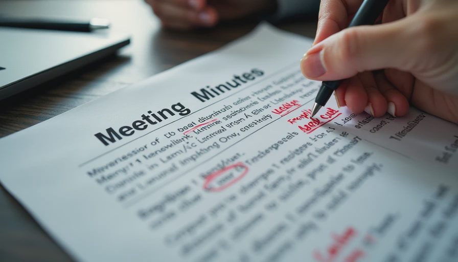 A documentary photo of a printed meeting minutes document on a desk with handwritten red pen corrections.