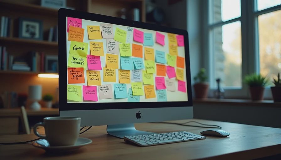 A documentary-style photo of a messy computer screen with cluttered notes and a cup of coffee.