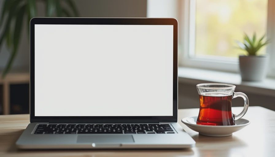 A documentary-style photo of a quiet desk with a laptop showing a polished presentation outline and a half-full cup of tea.