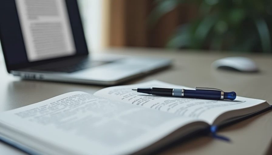 A documentary-style photo of a quiet desk with a laptop showing a finalized document and a notebook with a pen.