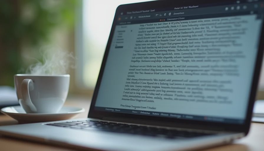 A documentary close-up shot of raw meeting transcript text displayed on a laptop screen with coffee nearby.