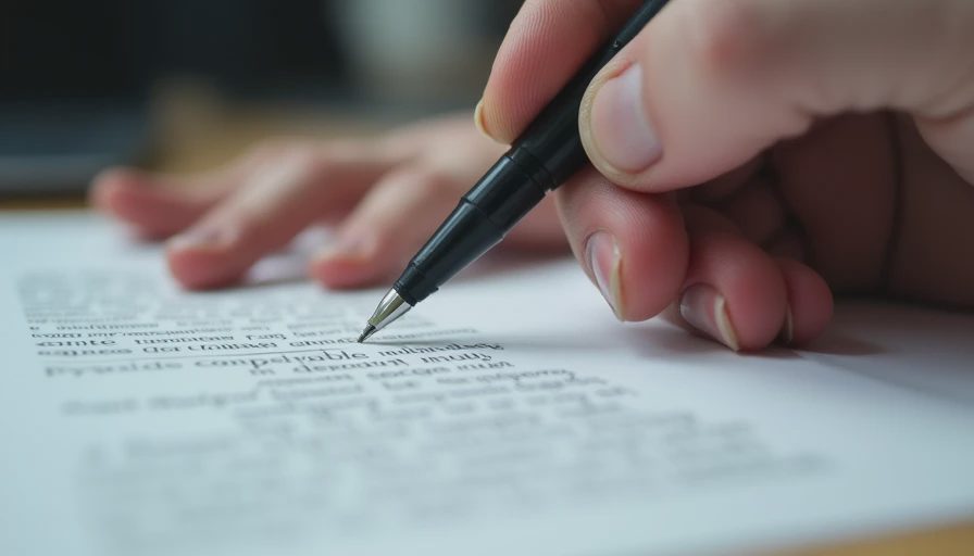 A documentary-style close-up of a person carefully proofreading and correcting a printed AI draft with a pen.